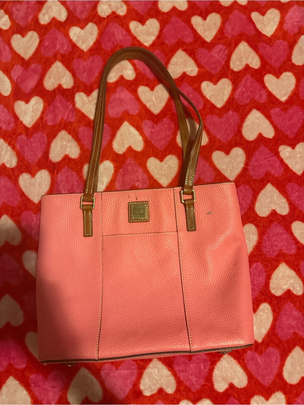 Dooney & Bourke Coral Pink Pebbled Leather Tote with Brown Straps